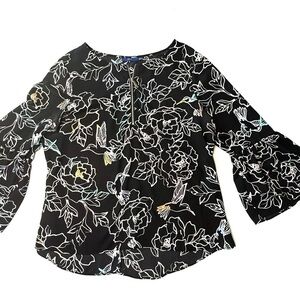 Apt. 9 Black Floral Blouse Print Zip Neck Bell Sleeve Blouse Size Large